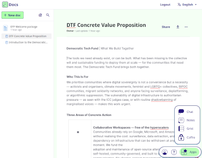 Screenshot of LaSuite.coop's Document editor showing a document with subdocuments being